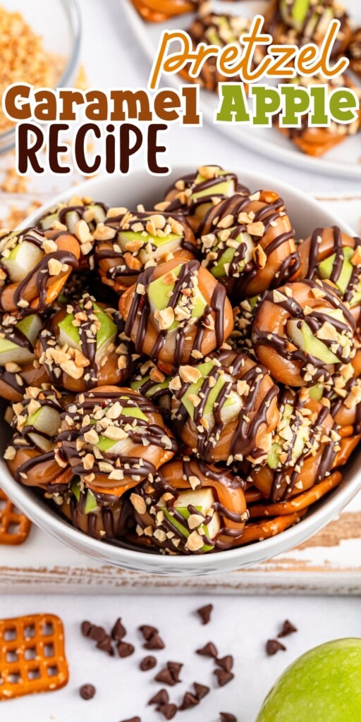 A bowl of pretzel caramel apple bites drizzled with chocolate and chopped nuts.