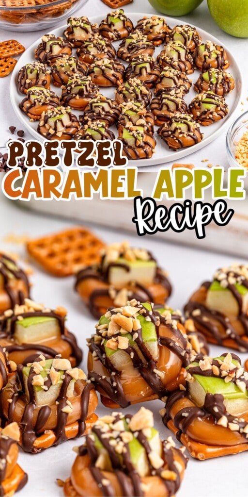 Pretzel caramel apple bites topped with chocolate drizzle and chopped nuts.