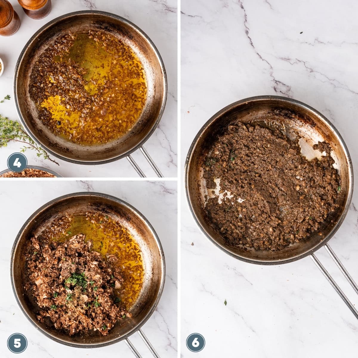 Three stages of saut&eacute;ed mushroom mixture in a metal frying pan on a marble surface.