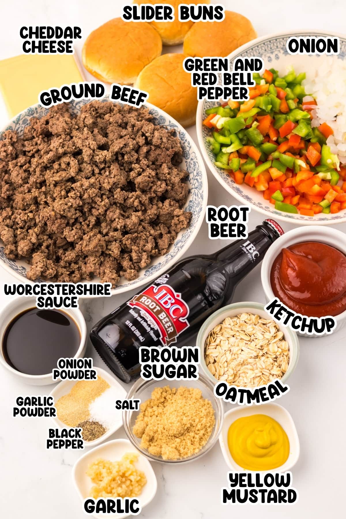 Recipe ingredients for sliders: ground beef, veggies, buns, sauces, spices, and cheese.