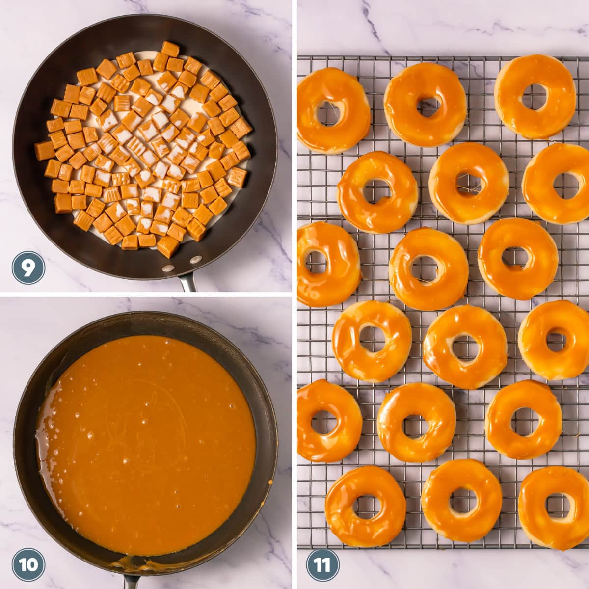 Caramels melting in a pan, melted caramel, and donuts coated with caramel glaze.