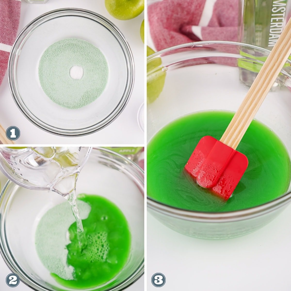 A green drink mix is stirred in a bowl with water in three numbered steps.