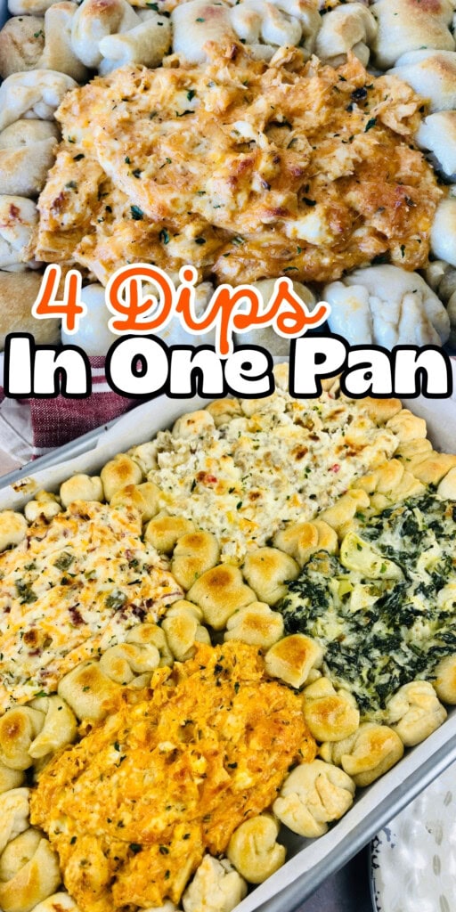 A pan with four different creamy dips, surrounded by baked bread bites.