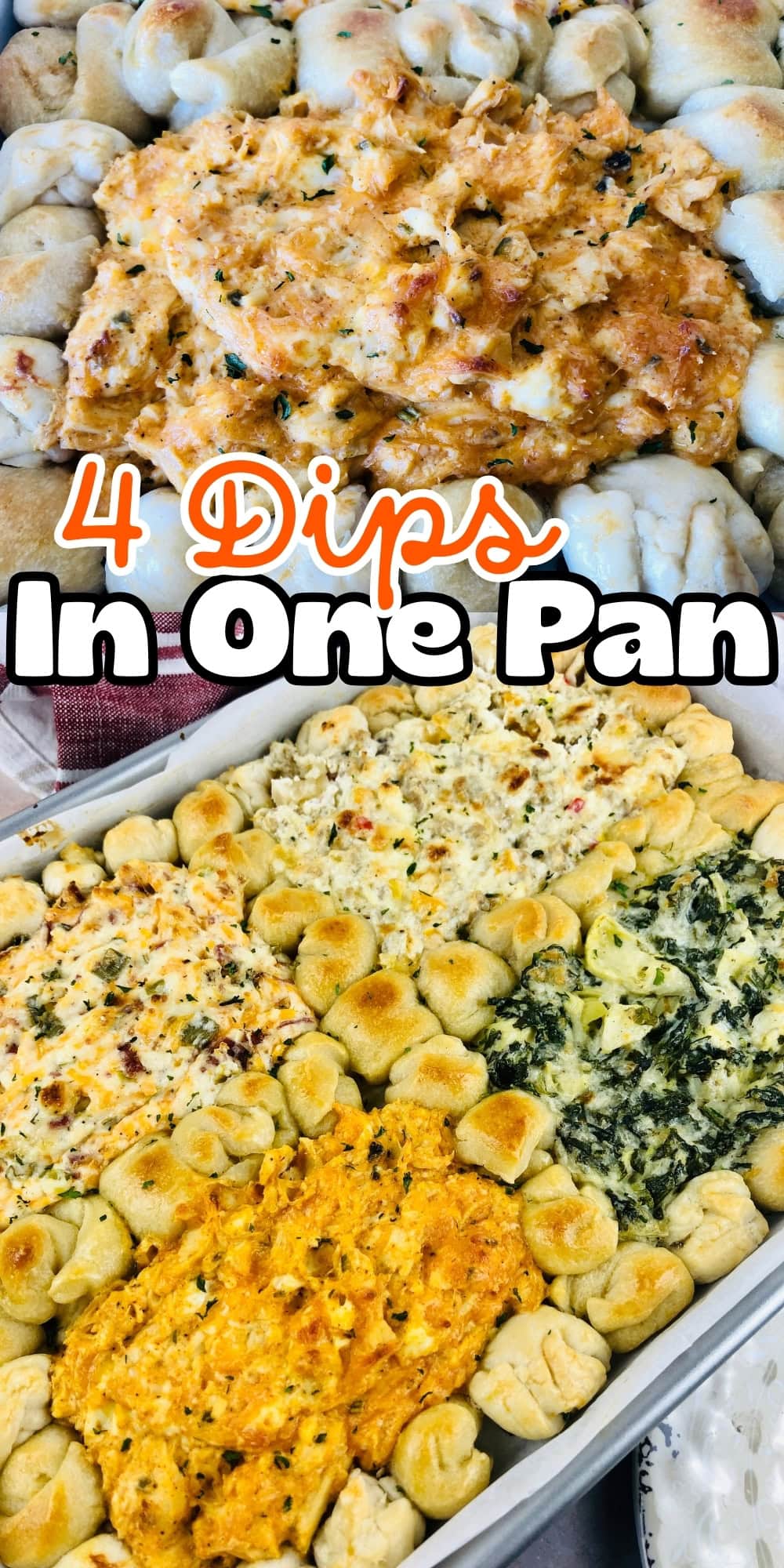 A pan with four different creamy dips, surrounded by baked bread bites.