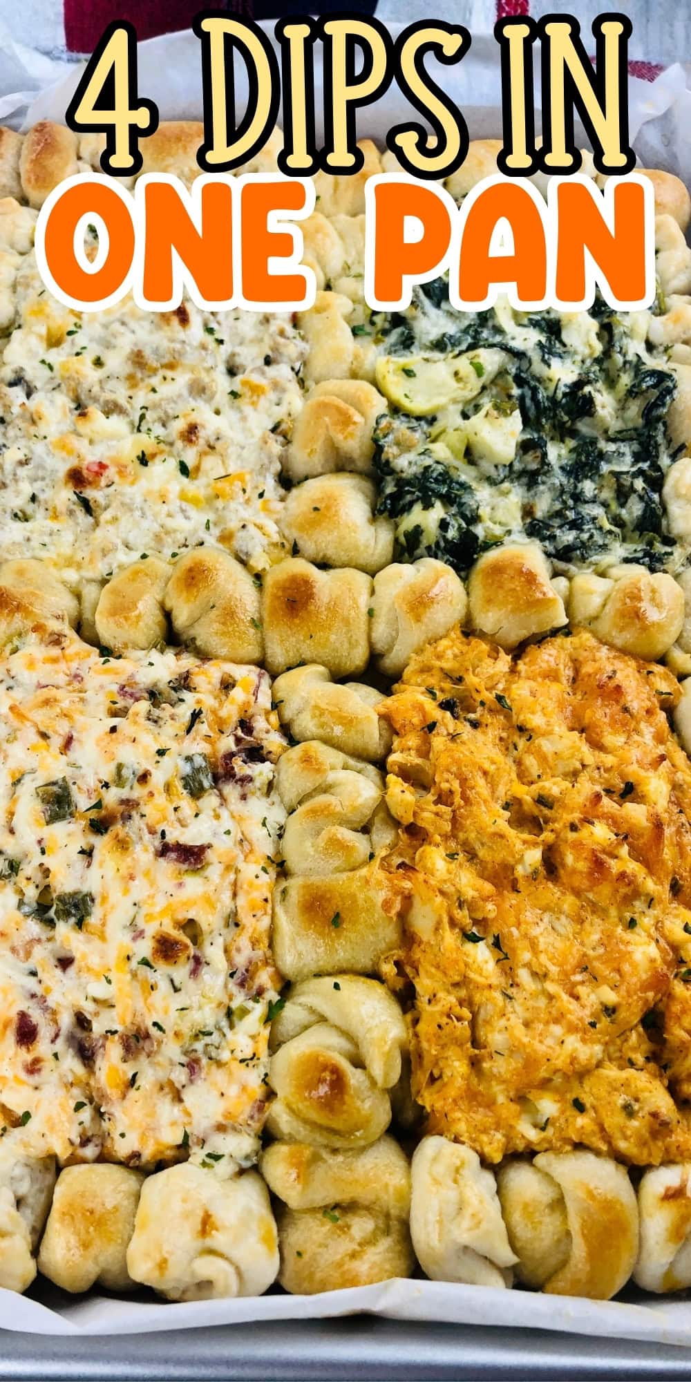 Four different dips baked in one pan, separated by golden biscuit dough.