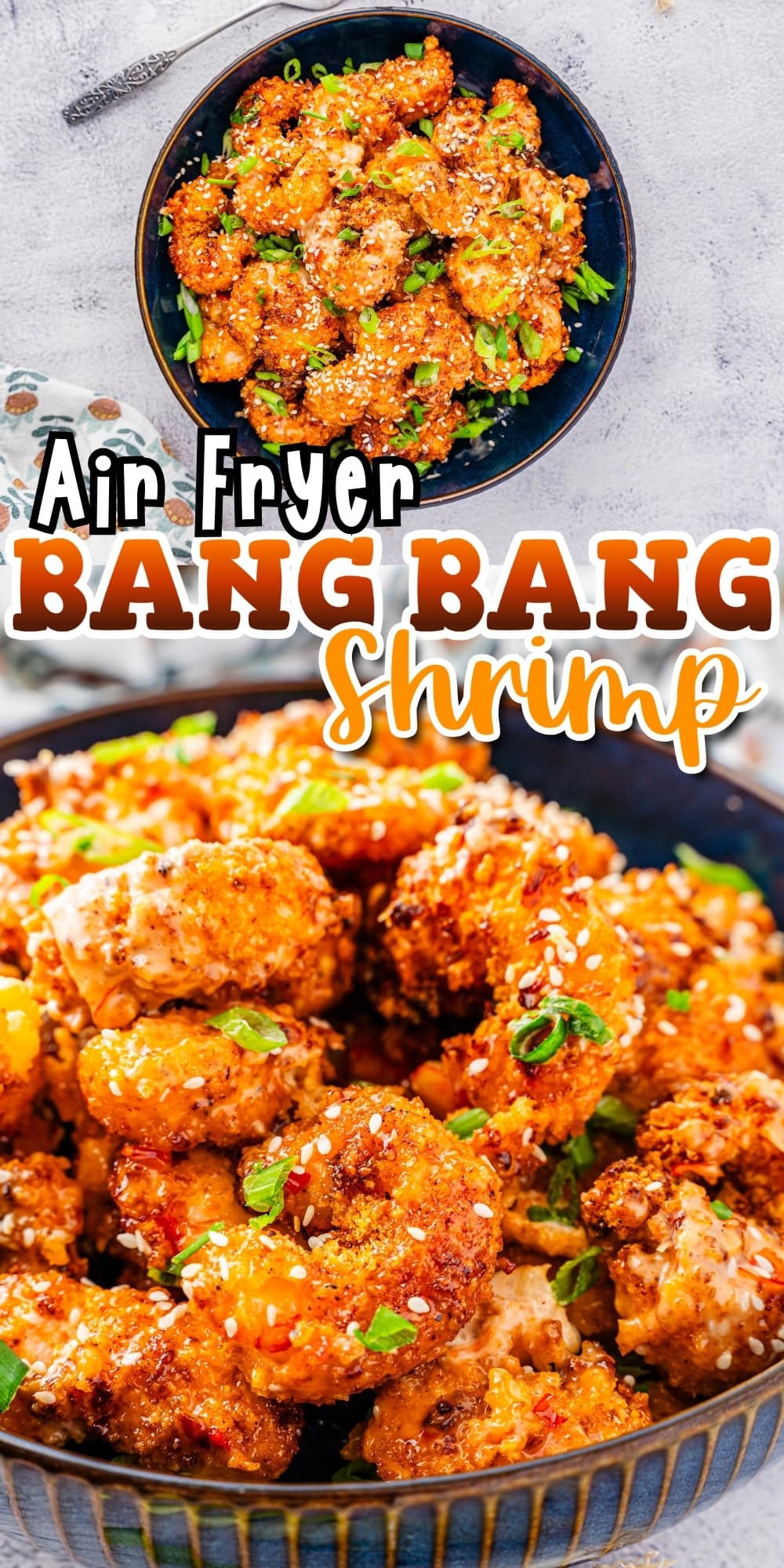 A bowl of crispy air fryer Bang Bang shrimp garnished with green onions.