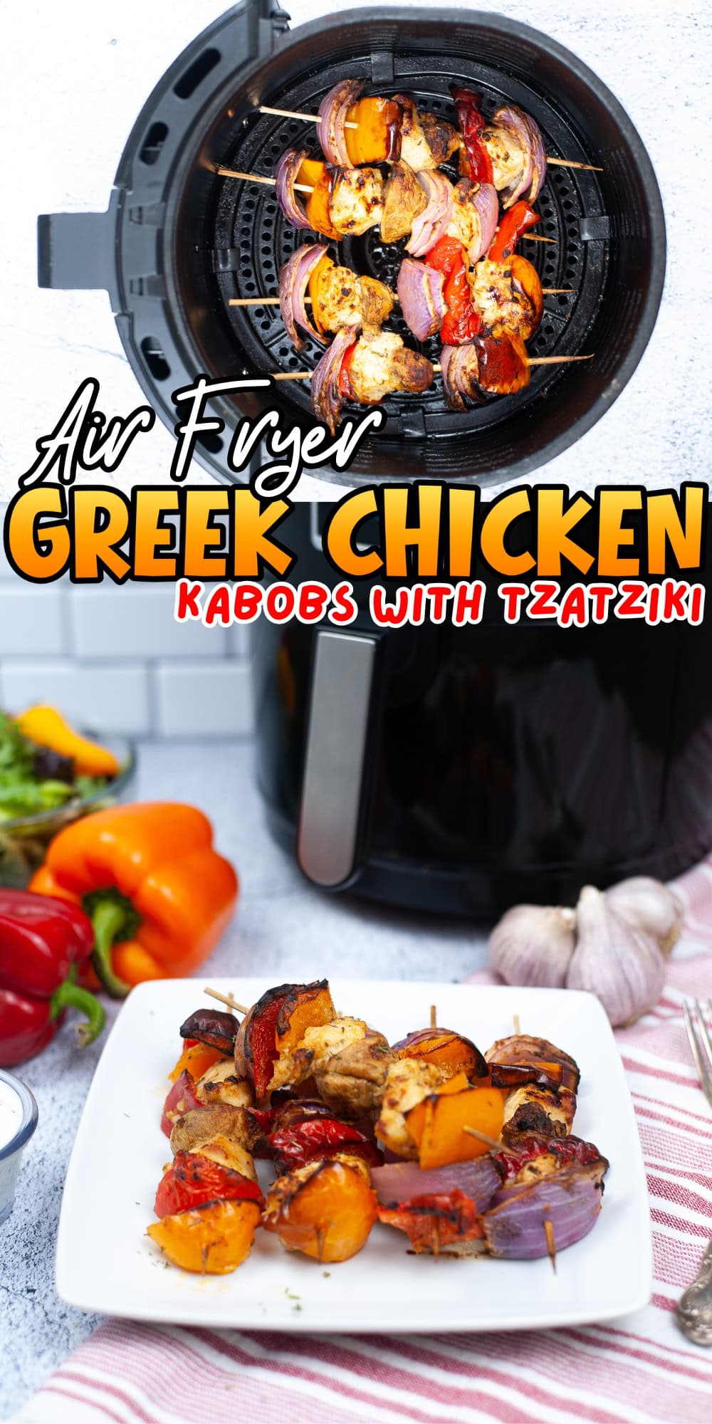 Air fryer Greek chicken kabobs with peppers and onions on a plate and in fryer.