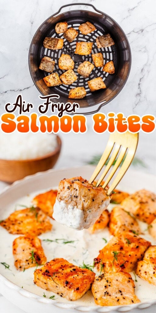 Air fryer salmon bites served on a white plate with a creamy dipping sauce.
