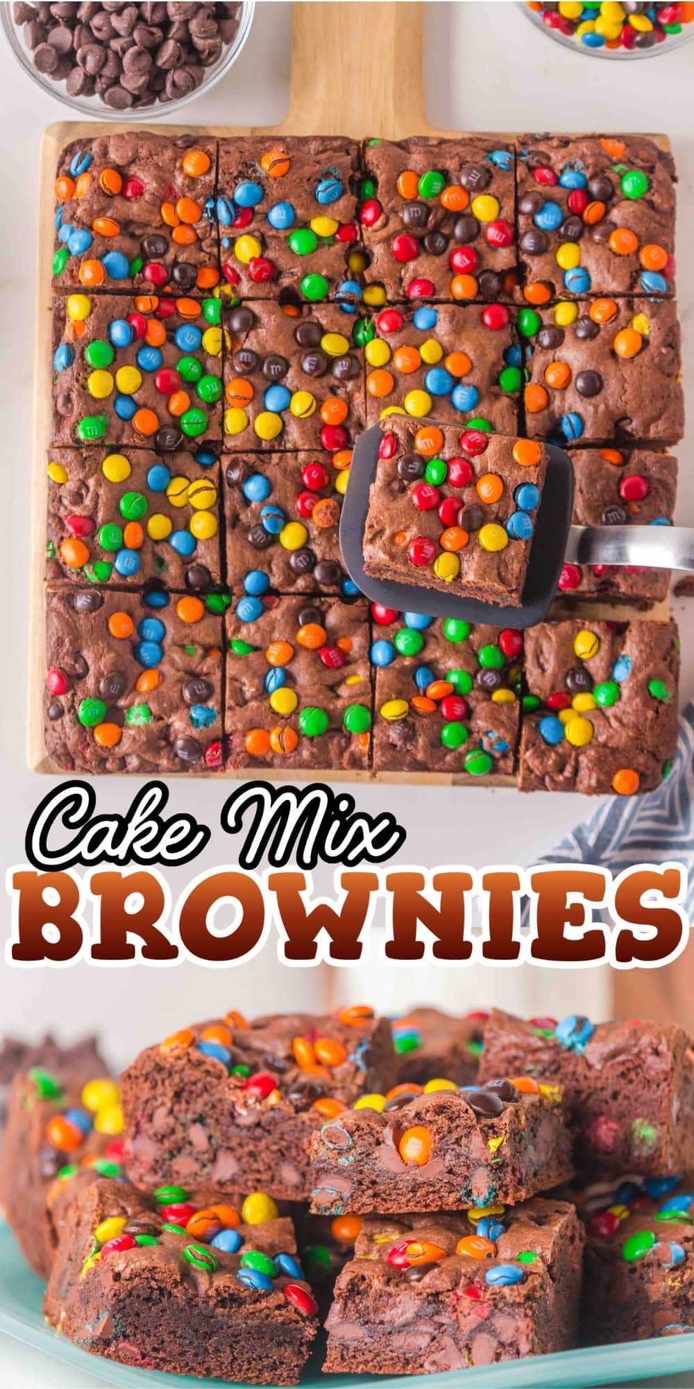 Brownies topped with colorful candy-coated chocolates, cut into squares on a board.