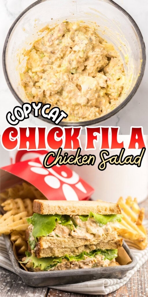 Copycat Chick-fil-A chicken salad on sandwich with fries and waffle chips.