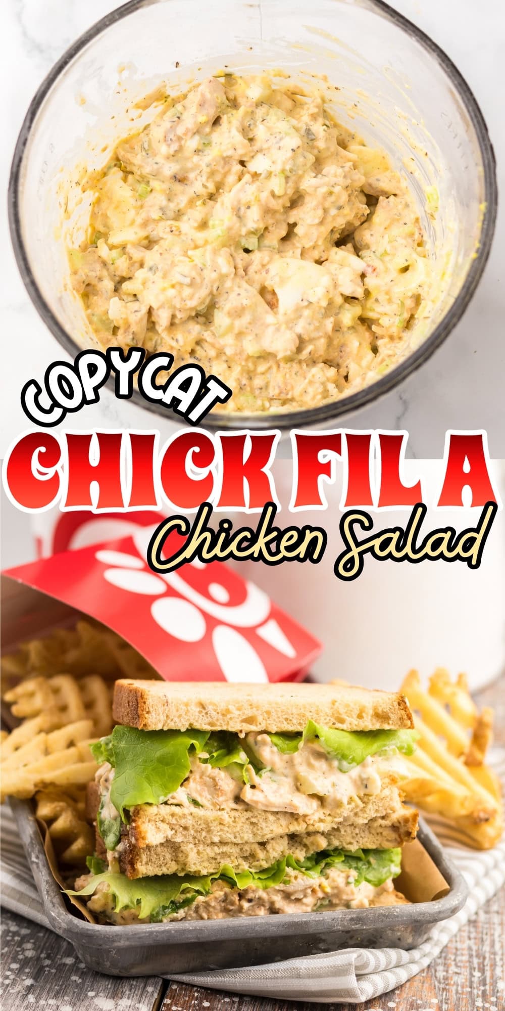 Copycat Chick-fil-A chicken salad on sandwich with fries and waffle chips.