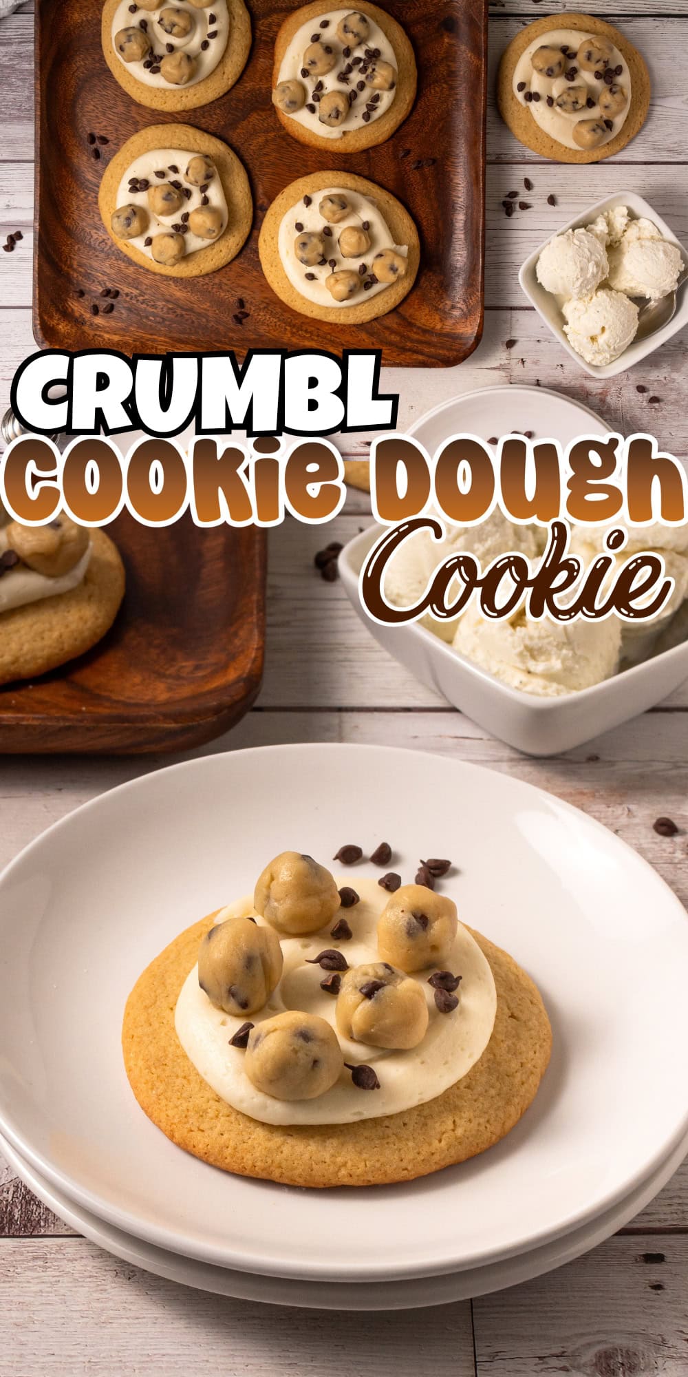 A Crumbl cookie topped with frosting and mini cookie dough balls, on a plate.