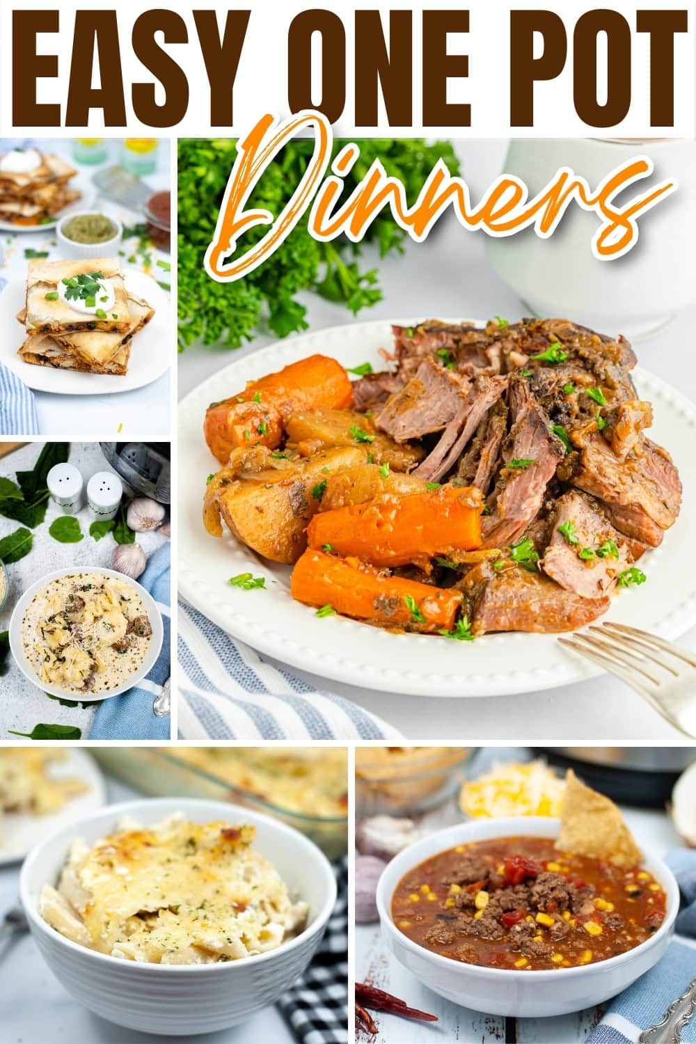 Various hearty one-pot dinner dishes including pot roast and chili.