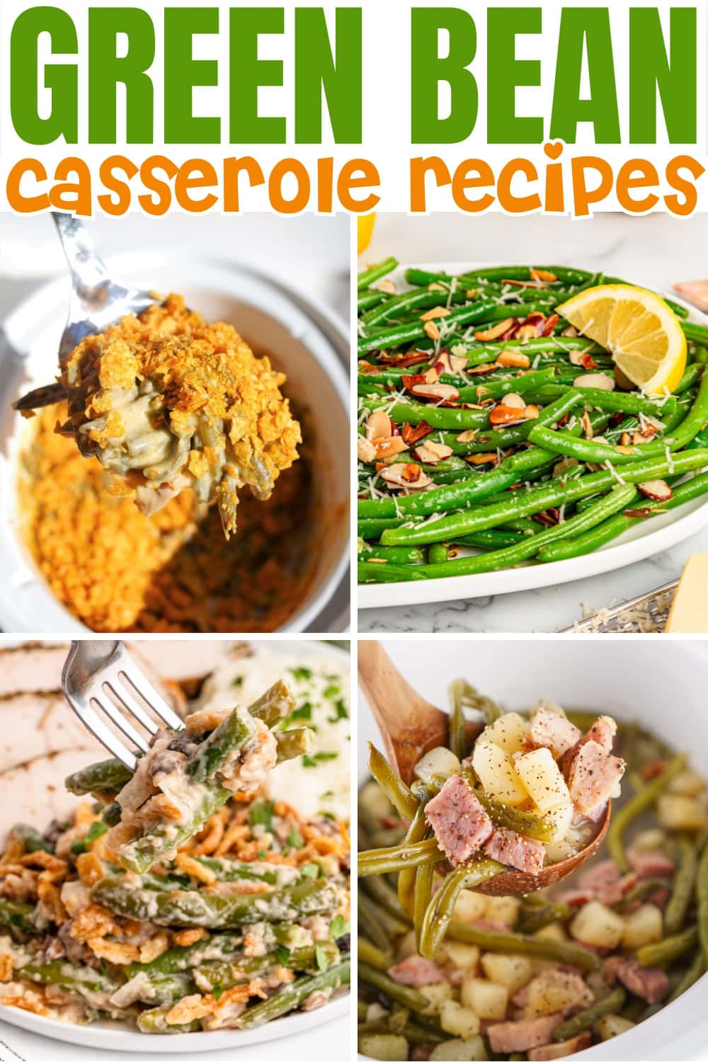 Four different green bean casserole dishes, each served in a bowl or on a plate.