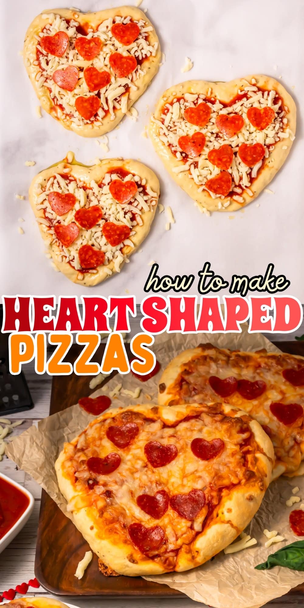 Heart-shaped pizzas topped with cheese and pepperoni on a baking tray.