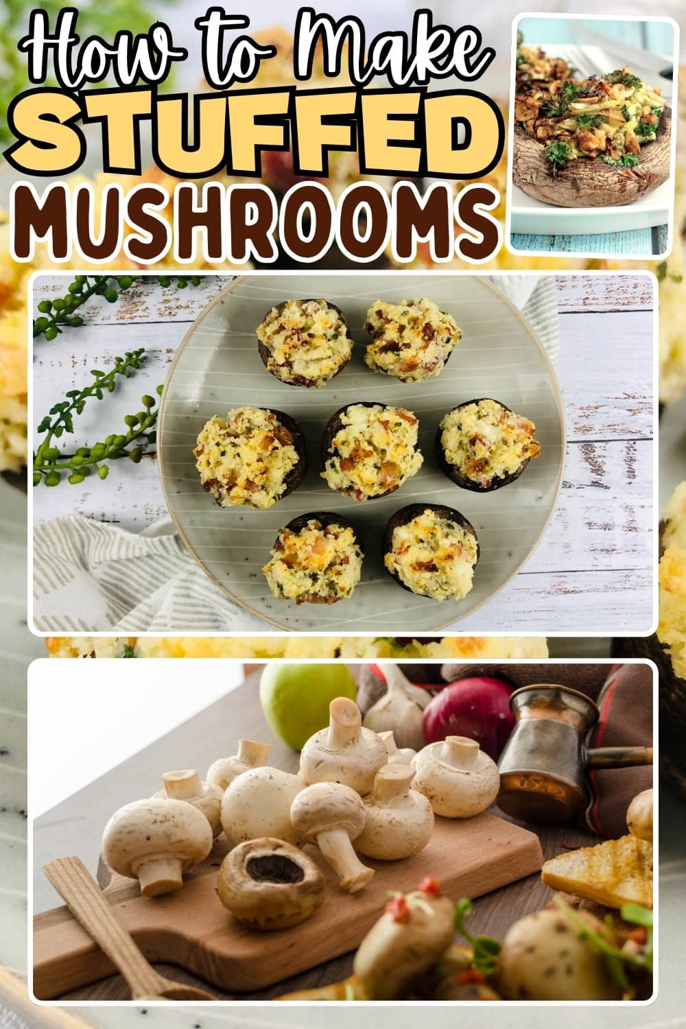 Stuffed mushrooms on a plate and fresh mushrooms on a cutting board.
