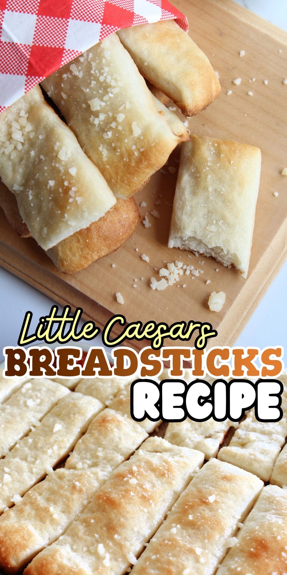 Fresh breadsticks topped with cheese on a wooden board and in rows below.