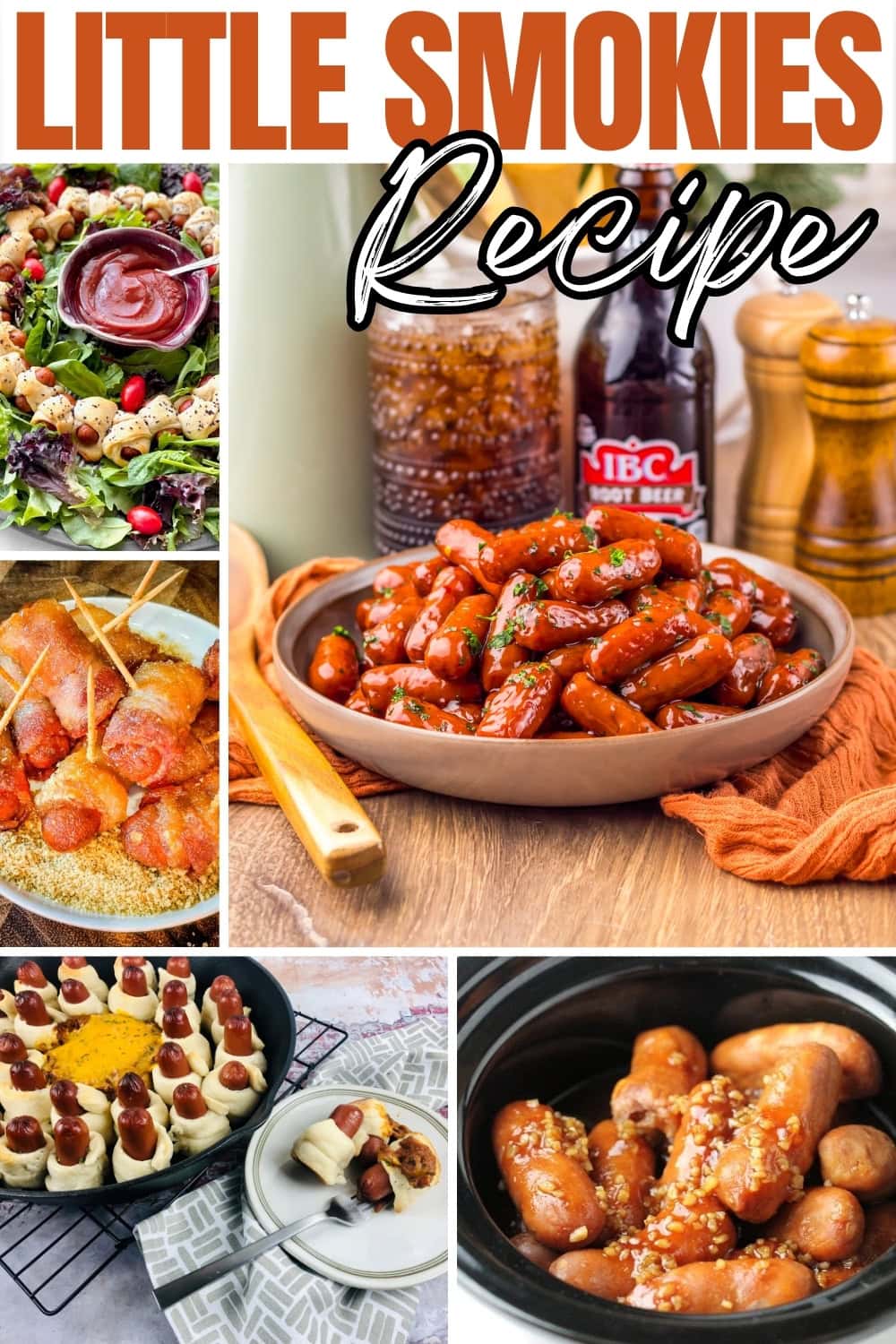 Little Smokies appetizers with sauces and various serving styles.