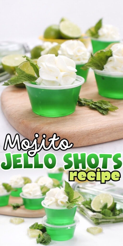 Green mojito jello shots with whipped cream and mint garnish on a wooden board.