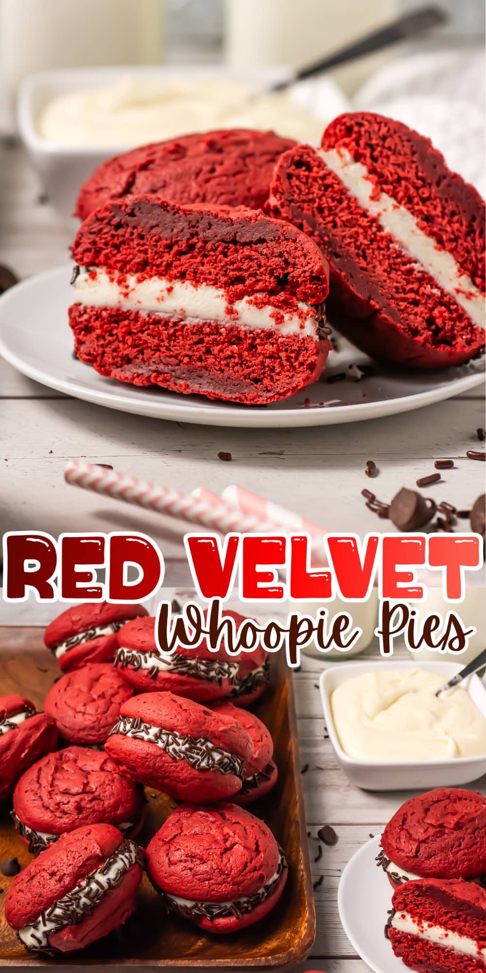 Red velvet whoopie pies with cream filling on plates, surrounded by chocolate chips.