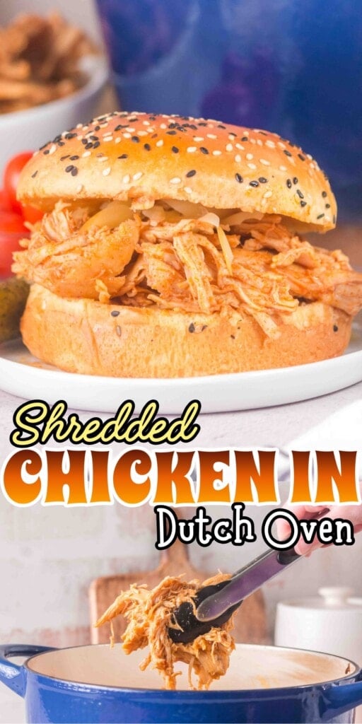Shredded chicken sandwich on a sesame bun with Dutch oven and tongs below.