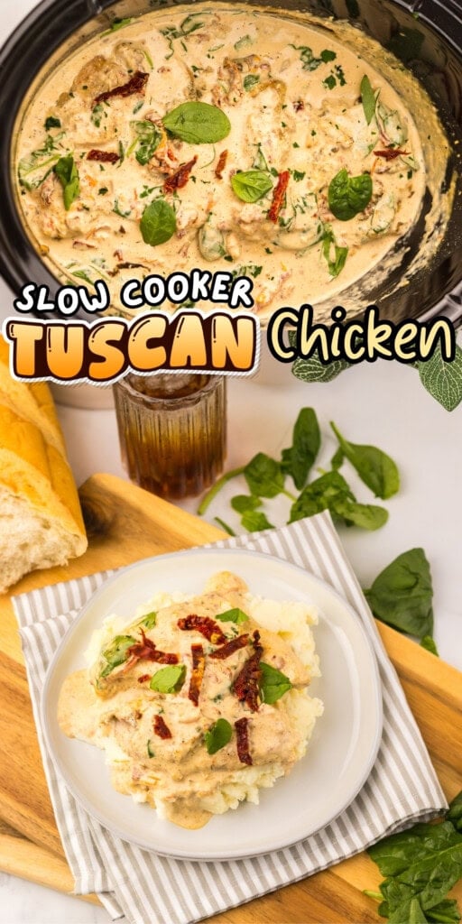 Plate of creamy Tuscan chicken with herbs next to slow cooker, bread, and drink.