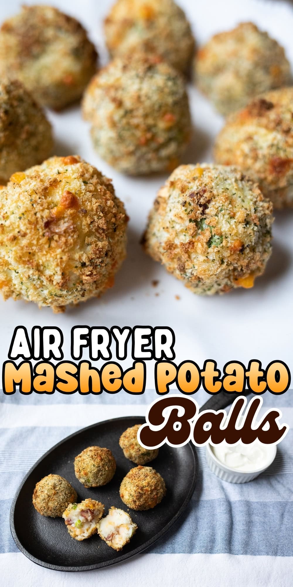 Crispy air fryer mashed potato balls served on a plate with a dip.