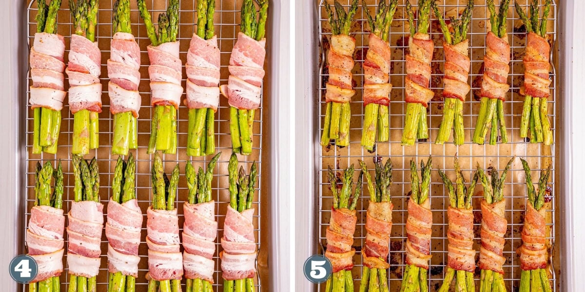 Raw and cooked bacon-wrapped asparagus spears on wire racks in baking sheets.