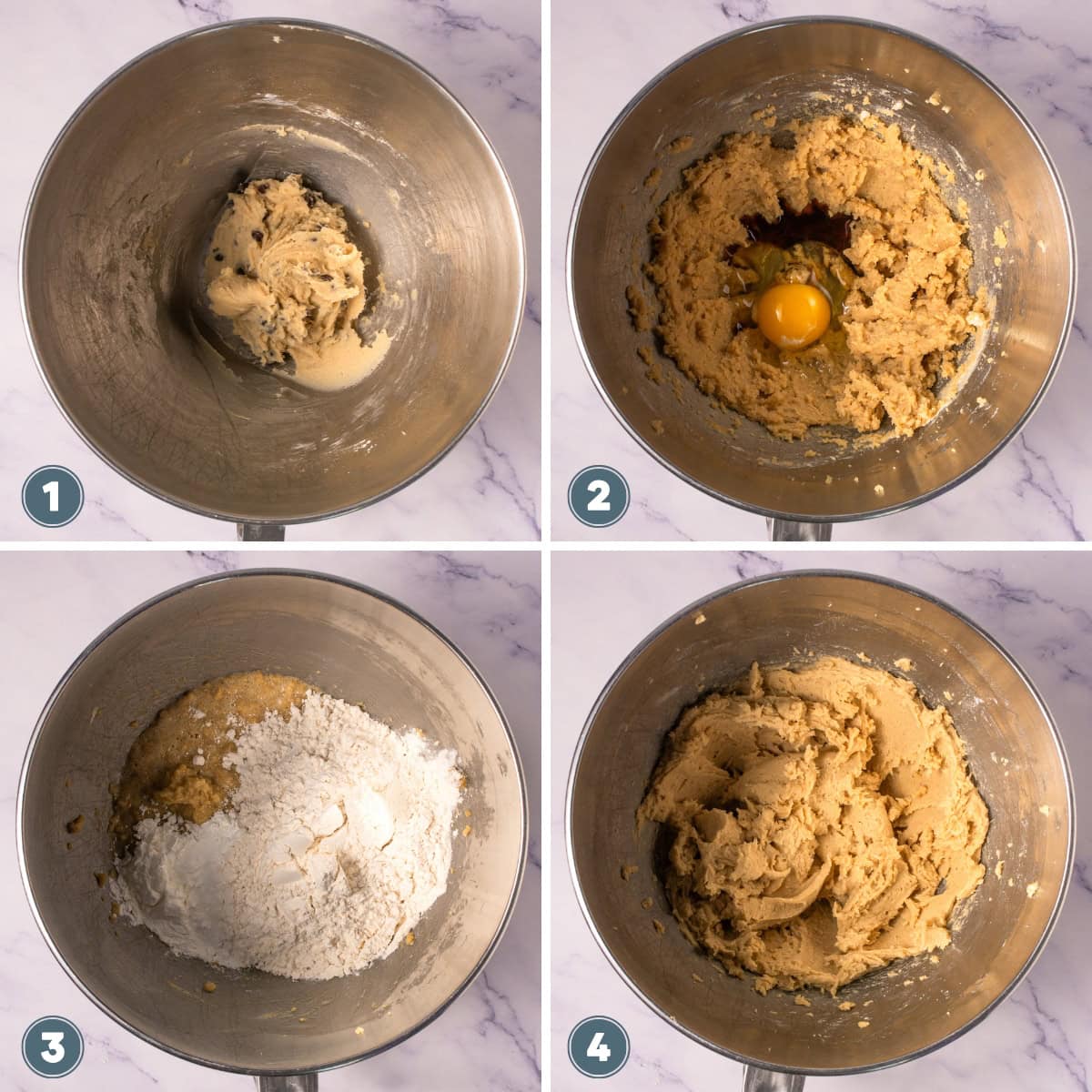 Cookie dough mixing in a metal bowl.