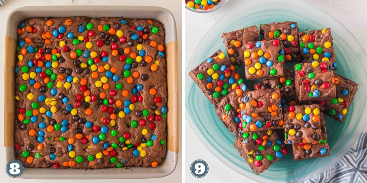 Chocolate brownies topped with colorful candy-coated chocolates, whole and cut in pieces.