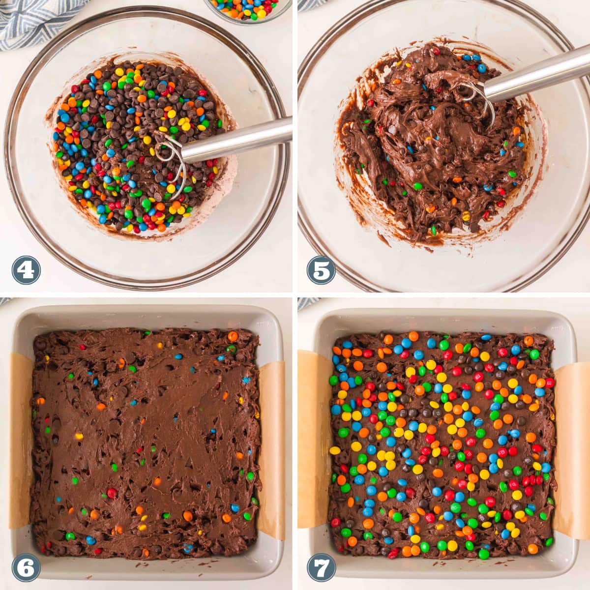 Making chocolate brownies with colorful candy-coated chocolates.