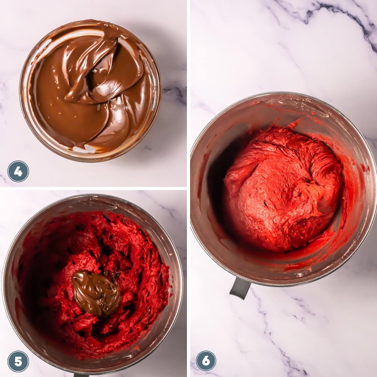 Three bowls showing chocolate, red batter, and batter with chocolate being mixed.