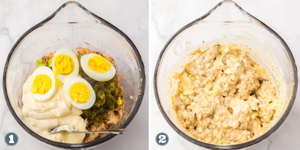 Ingredients in a bowl, then mixed into a creamy tuna salad.