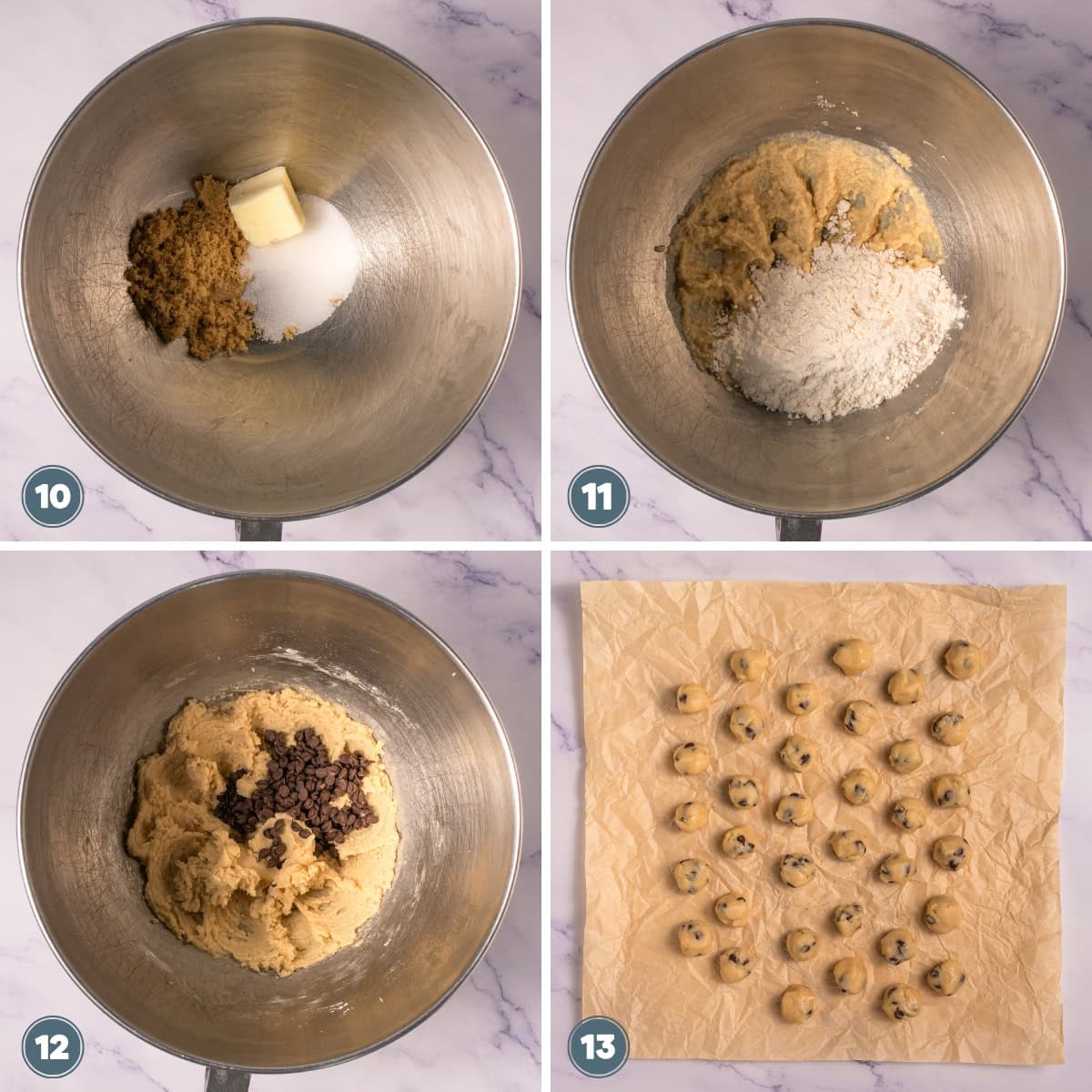 Cookie dough being mixed and shaped into small balls.