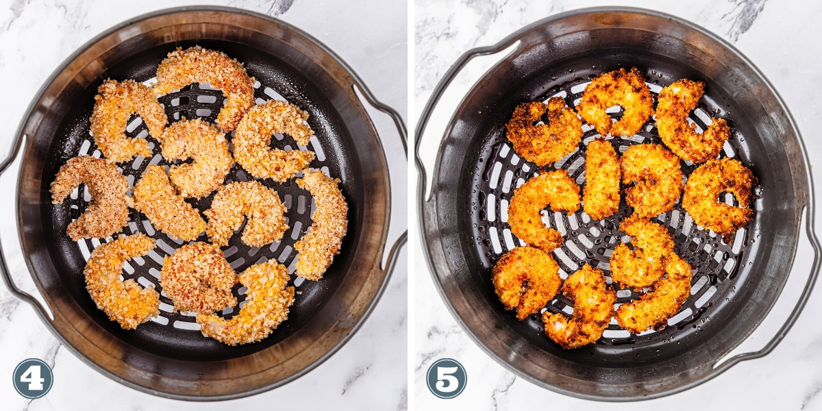 Breaded shrimp in an air fryer before and after cooking.