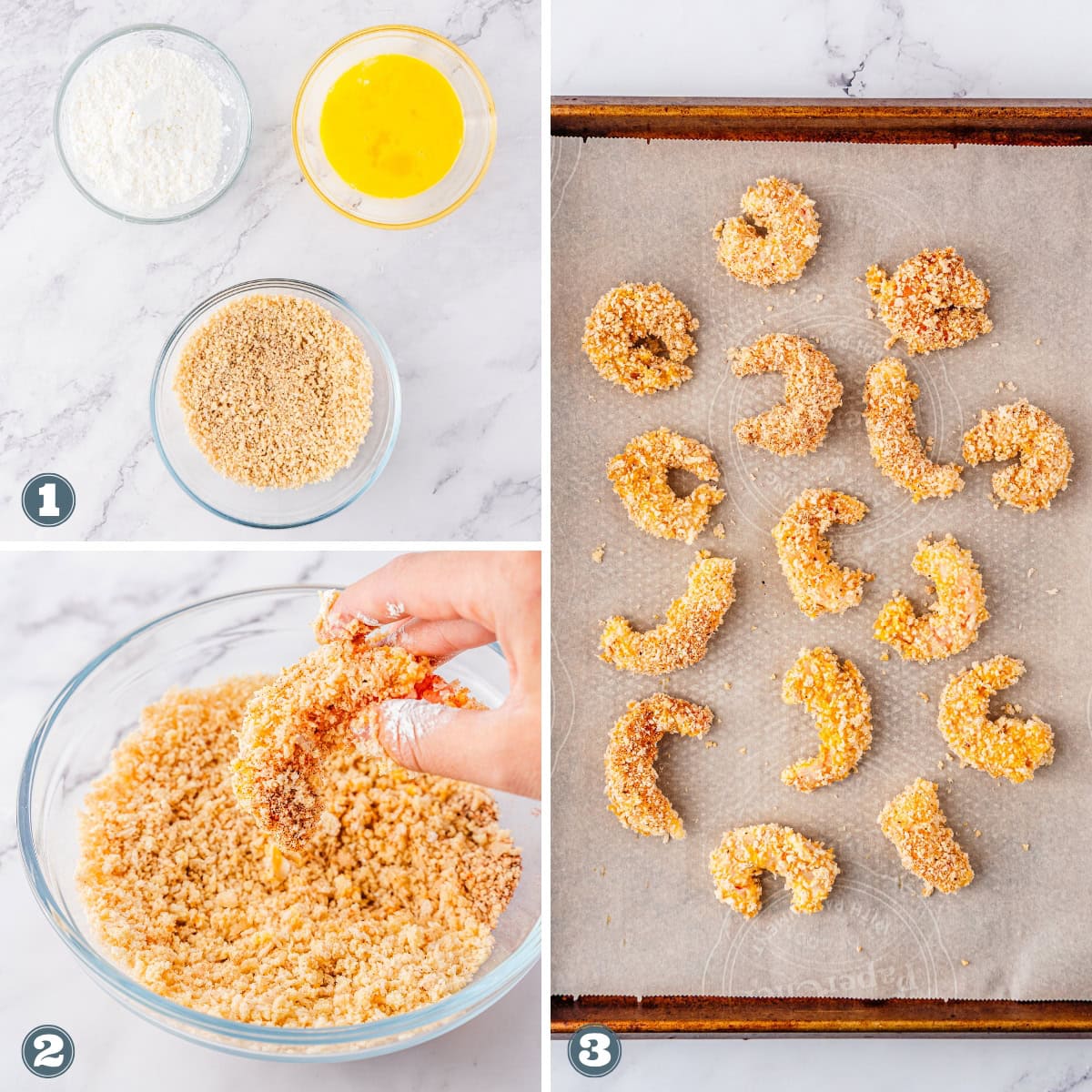 Breading shrimp with flour, egg, and breadcrumbs on a tray.