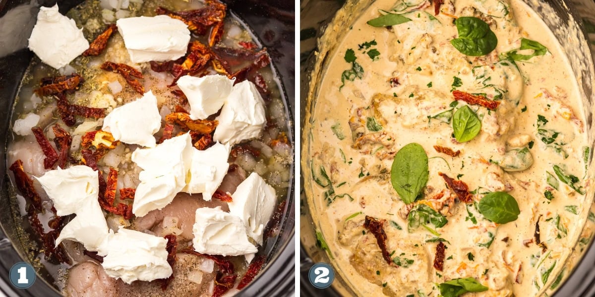 Chicken, cream cheese, and sun-dried tomatoes in a slow cooker.