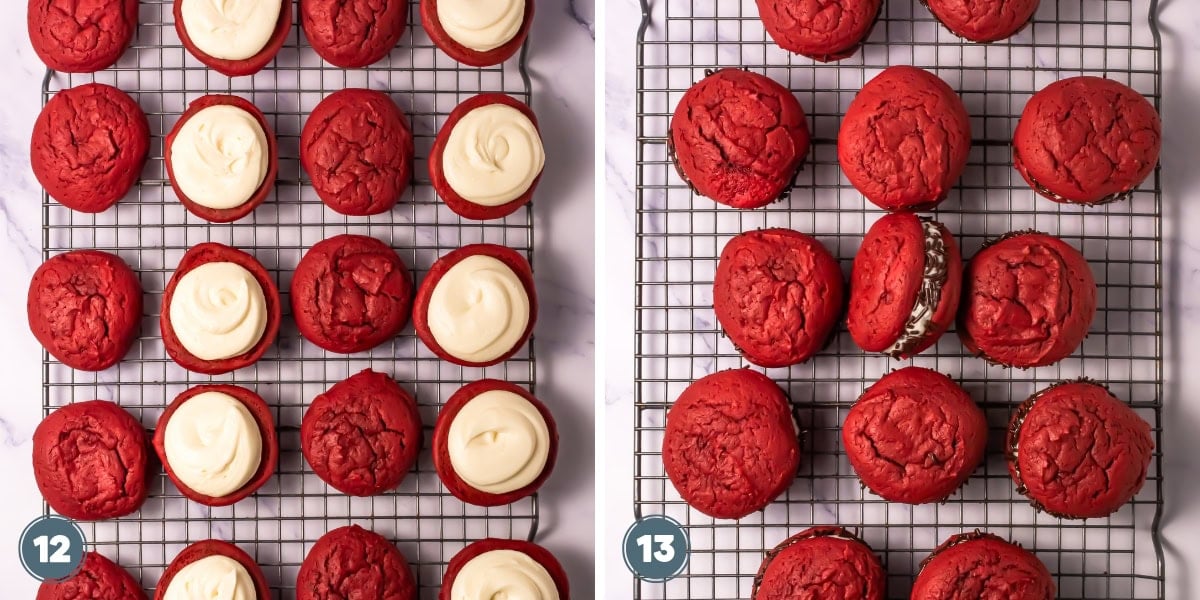 Red velvet cookie sandwiches with cream filling cooling on wire racks.