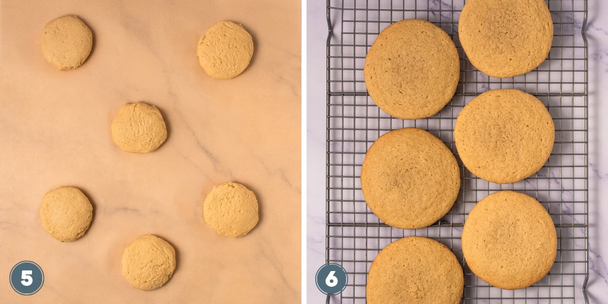 Six cookies on parchment paper and six cookies cooling on a wire rack.