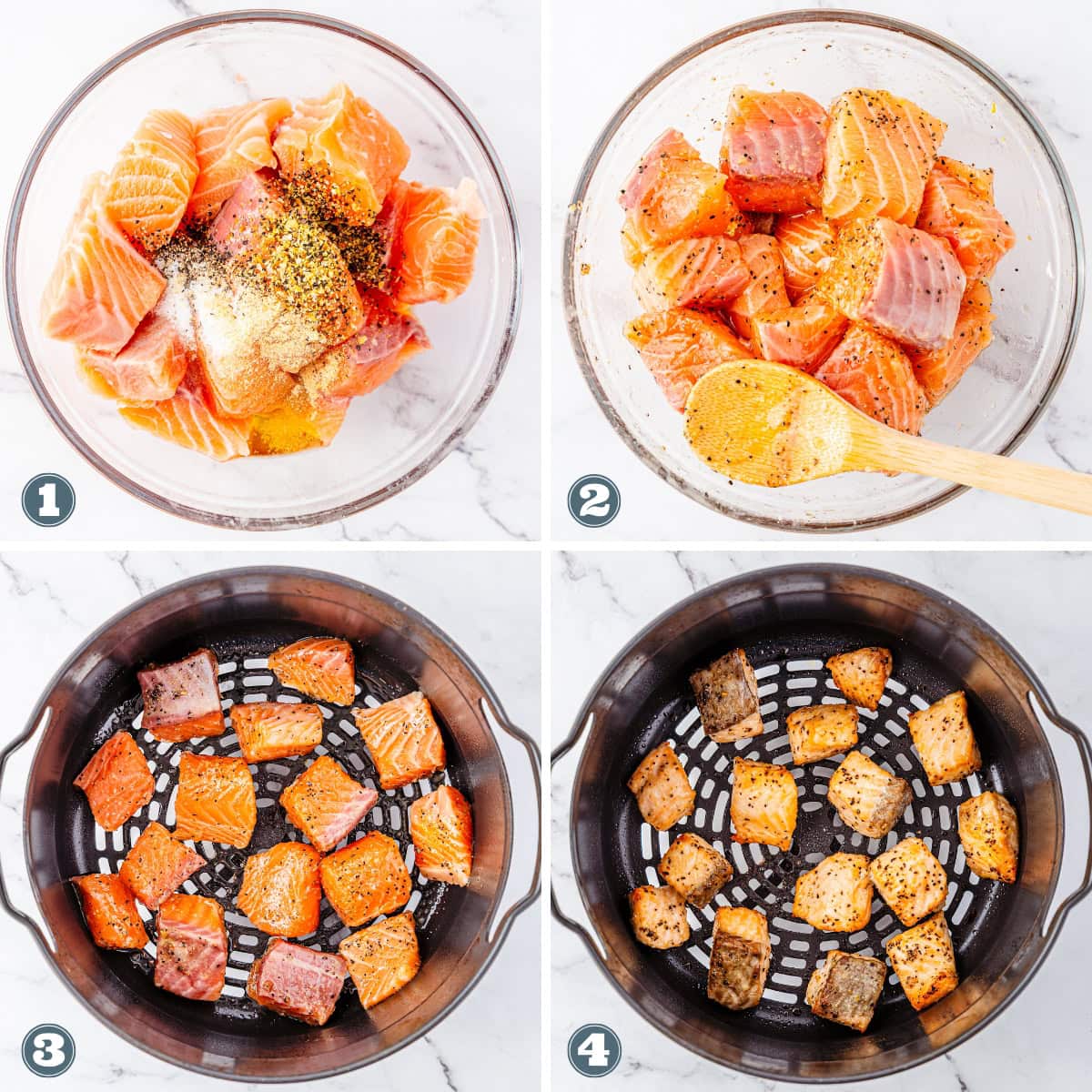Salmon cubes are seasoned, mixed, and air fried until cooked.