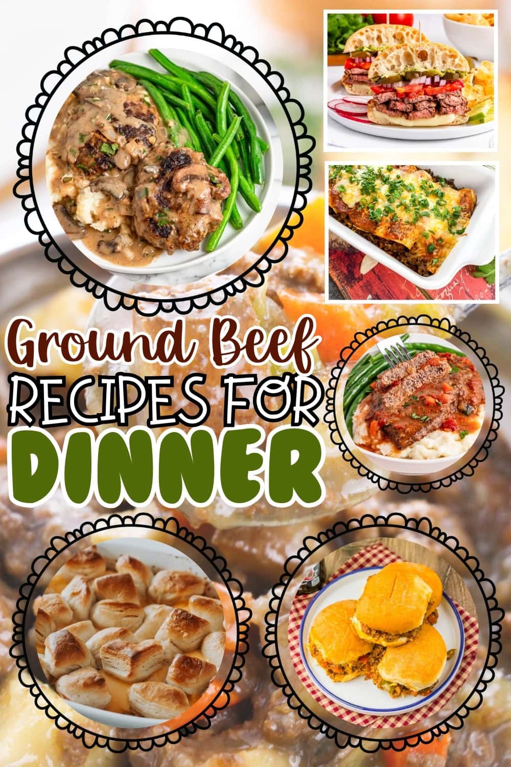 Collage of various ground beef dishes with the text Ground Beef Recipes for Dinner.