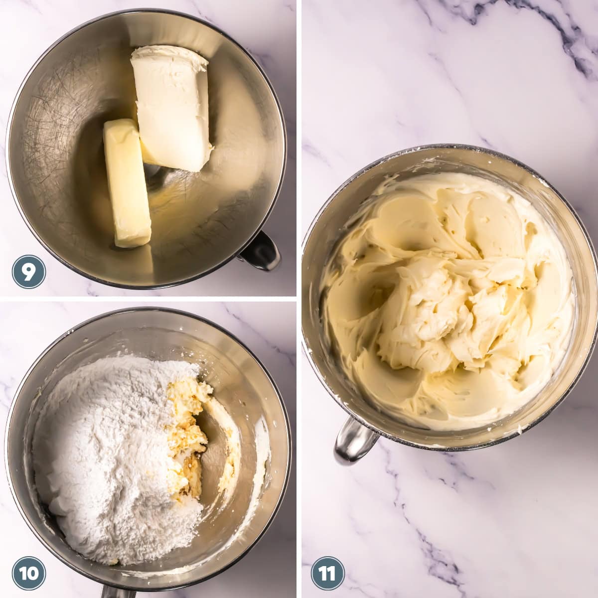 Three-step process of making frosting in a metal bowl on a marble surface.