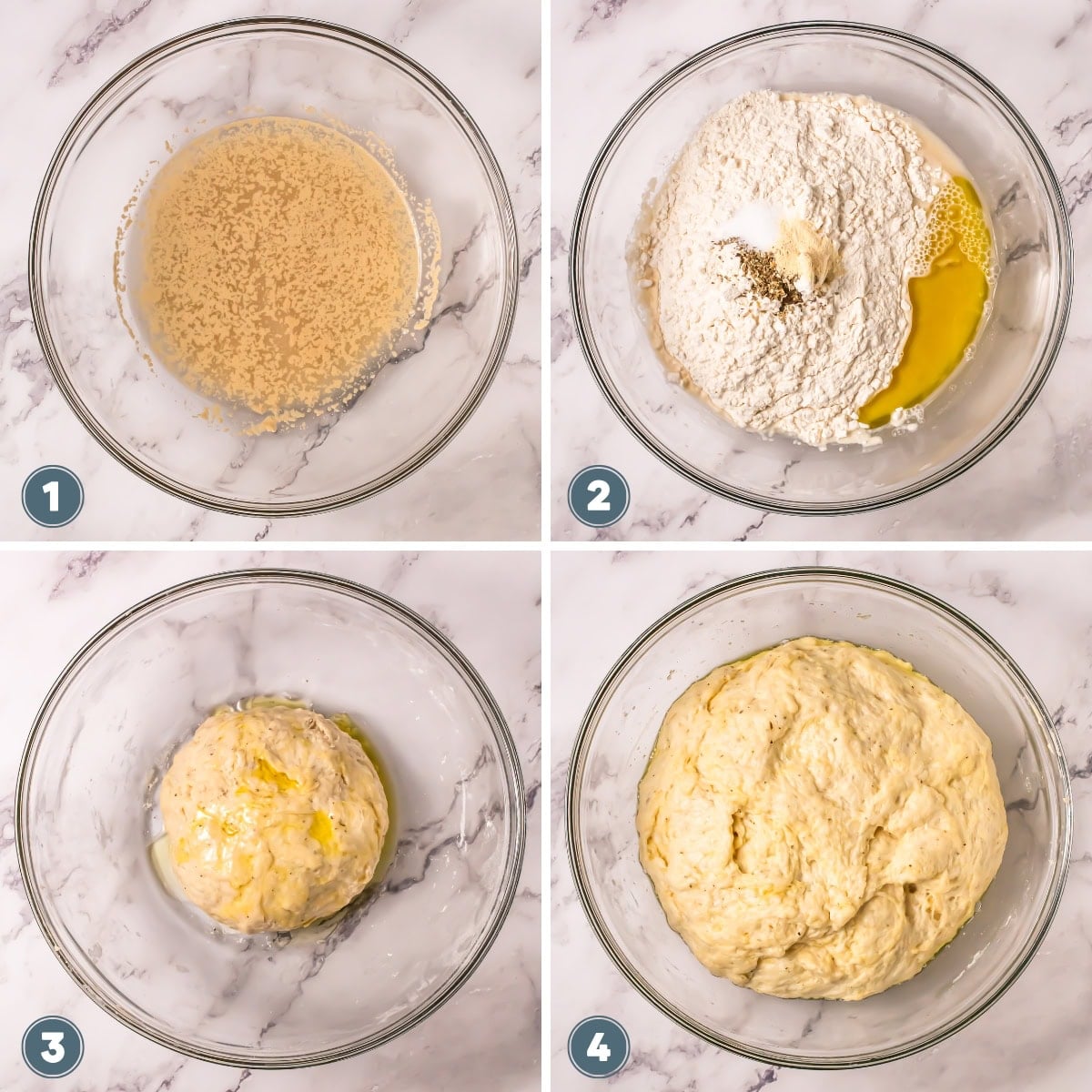 Bread dough preparation in glass bowls on a marble surface.