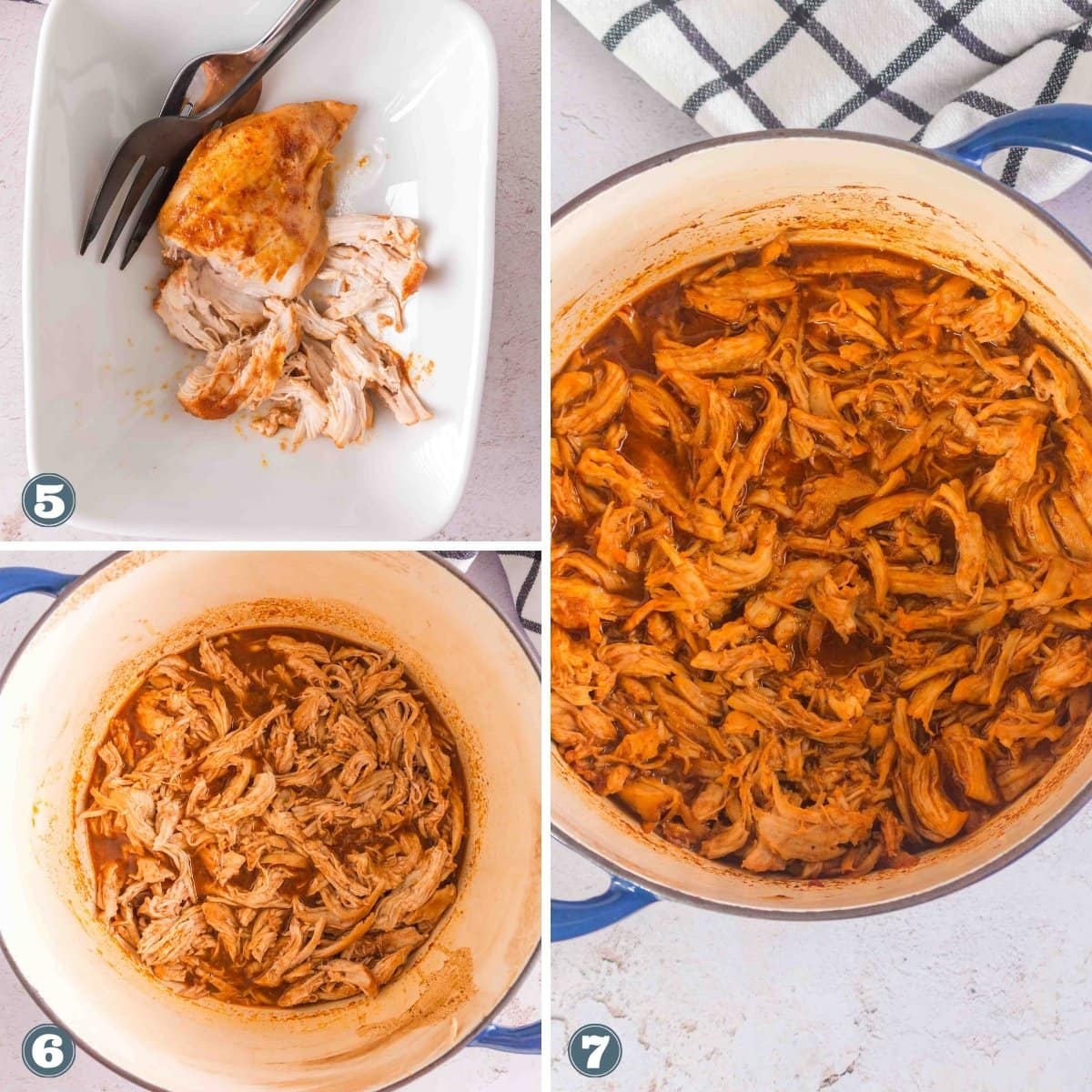 Shredded chicken breast being mixed into sauce in a large pot.