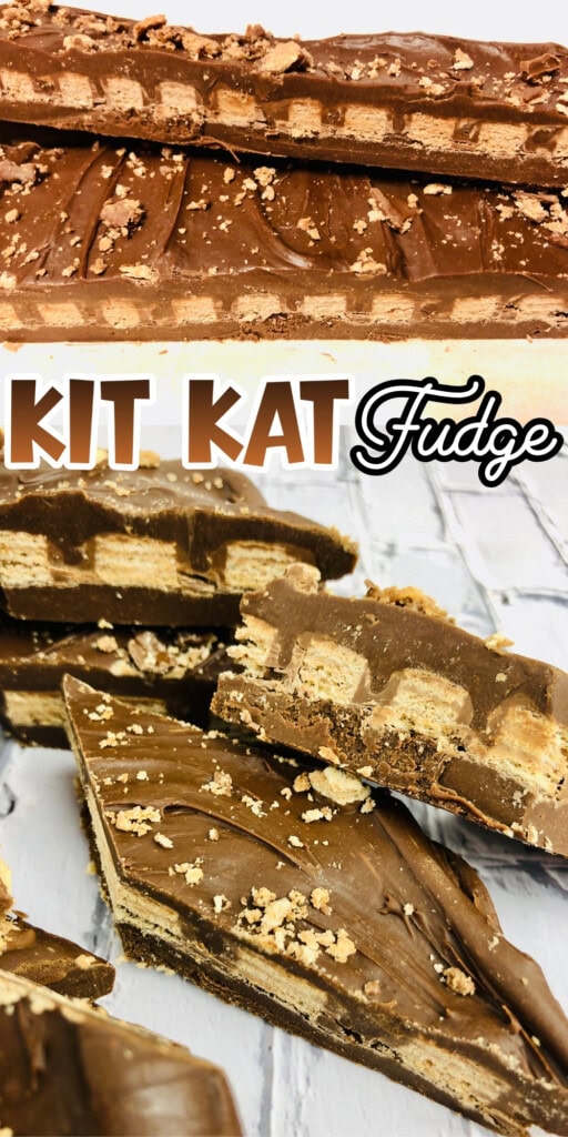 Kit Kat fudge bars stacked, topped with chocolate and crumbled wafer pieces.