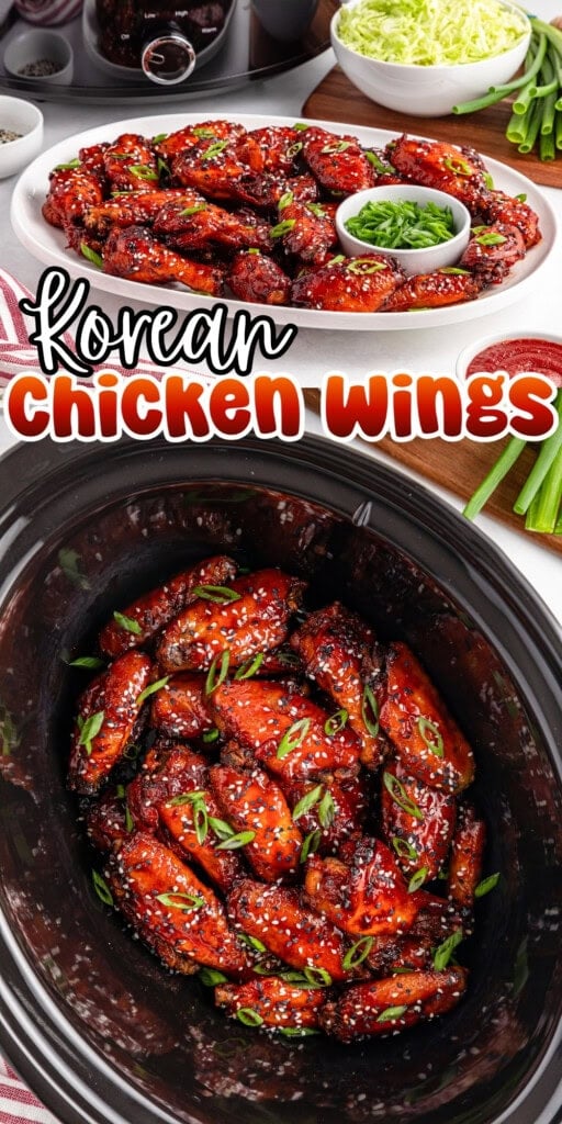 Korean chicken wings garnished with green onions on a plate and in a slow cooker.