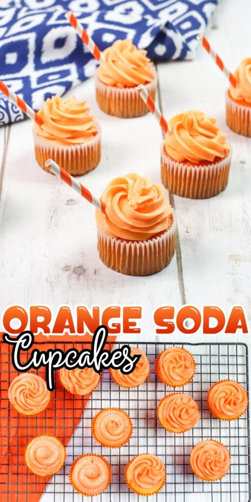 Orange frosted cupcakes with striped straws, styled on a white surface and cooling rack.