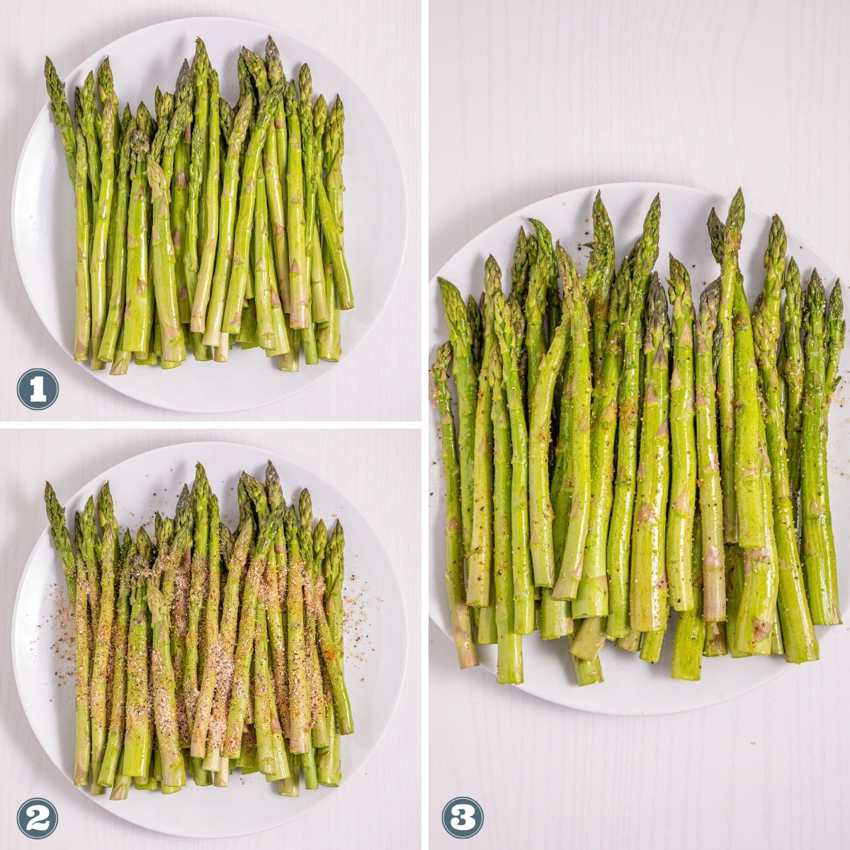 Three plates showing steps to season and prepare asparagus on a light background.