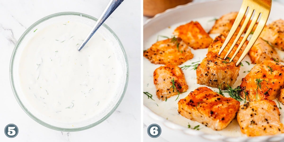 Left: Bowl of creamy sauce; Right: Fork and chunks of seasoned cooked salmon.