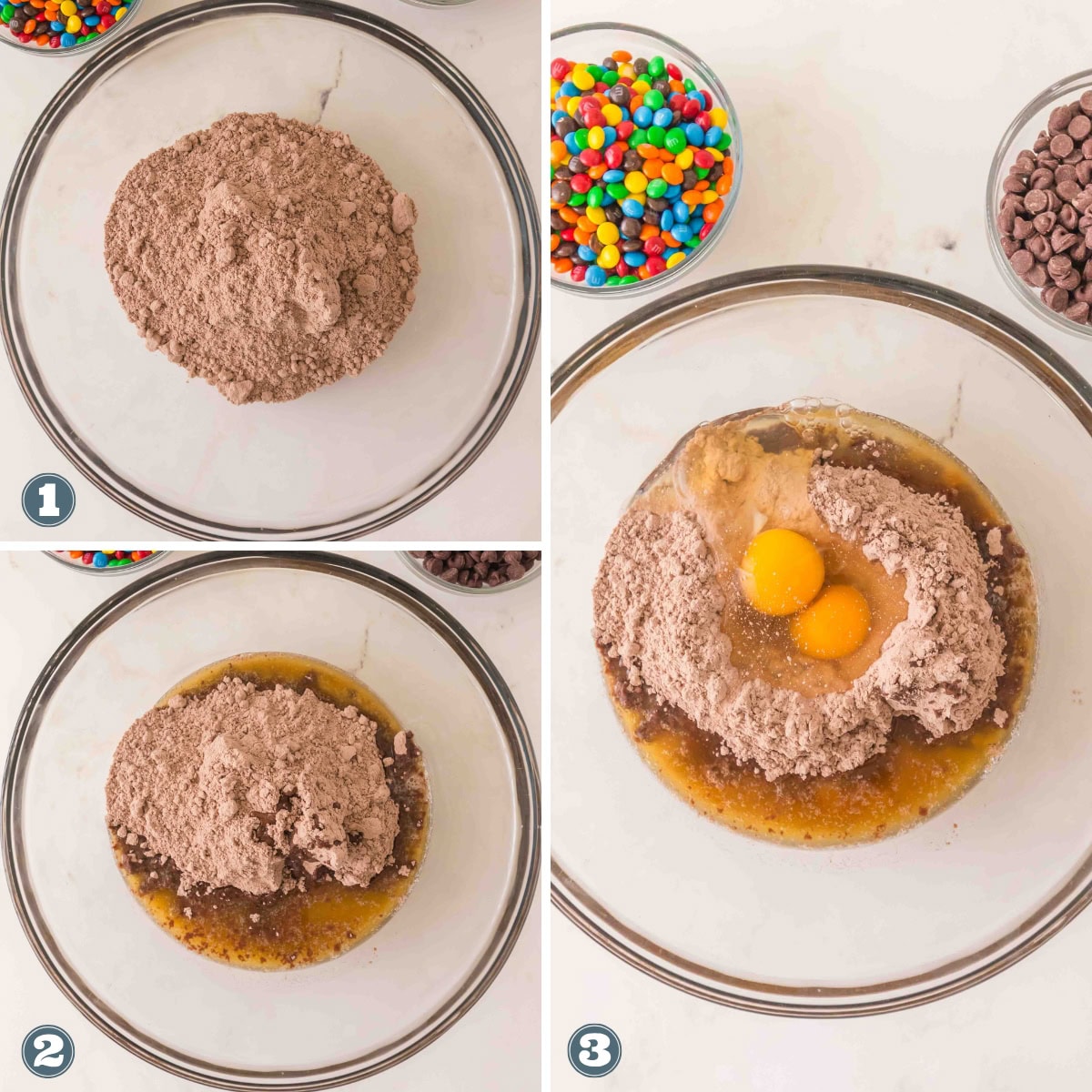 Mixing cake mix, eggs, and other ingredients in a glass bowl.
